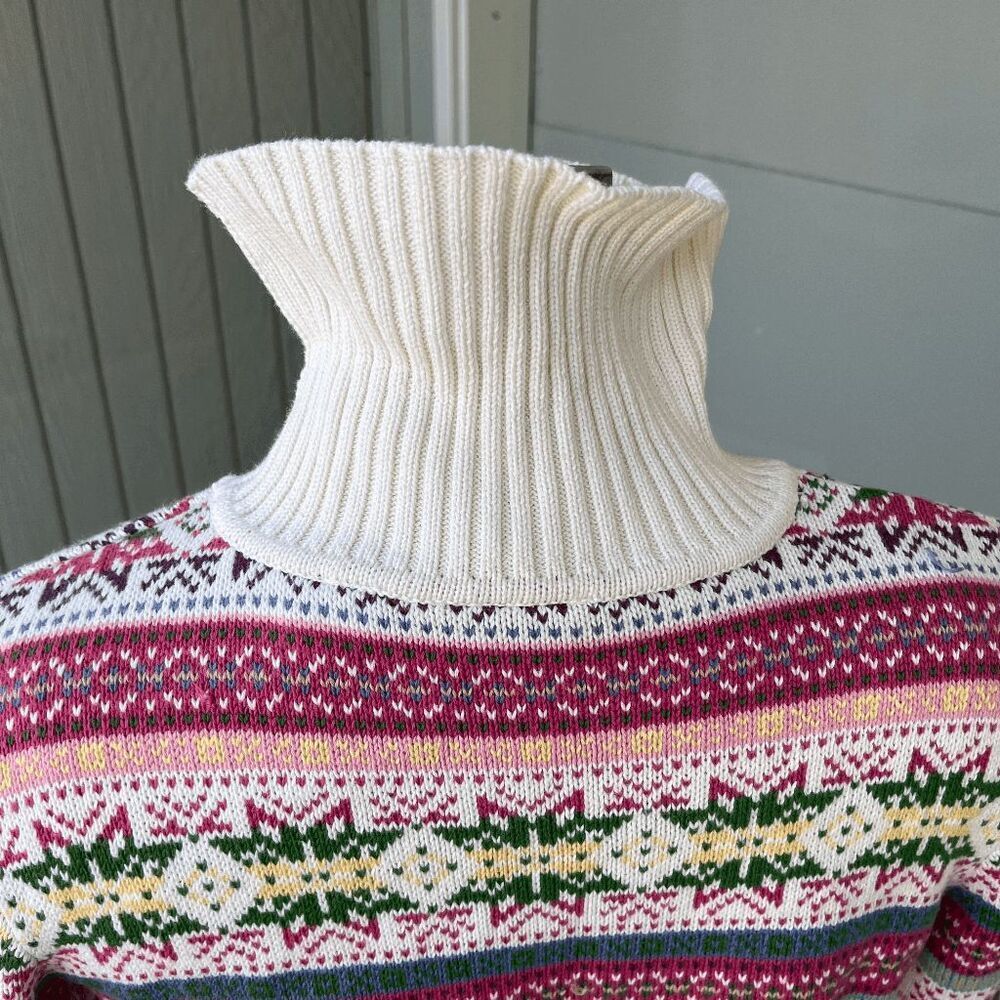 Vintage 1983 Liz Claiborne Villager Fair Isle Cotton Knit Turtleneck Sweater - L - Picture 3 of 5